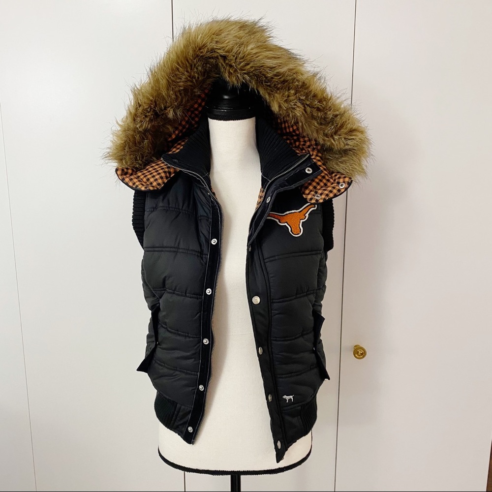 PINK VS University of Texas Puffer Vest Fur Hood